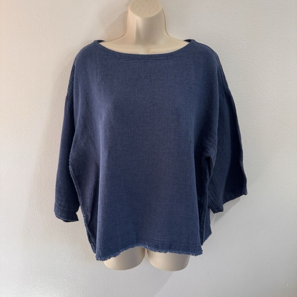 Eileen Fisher Shirt Blouse S Organic Linen Cotton Blue Fringe Denim Boat Neck